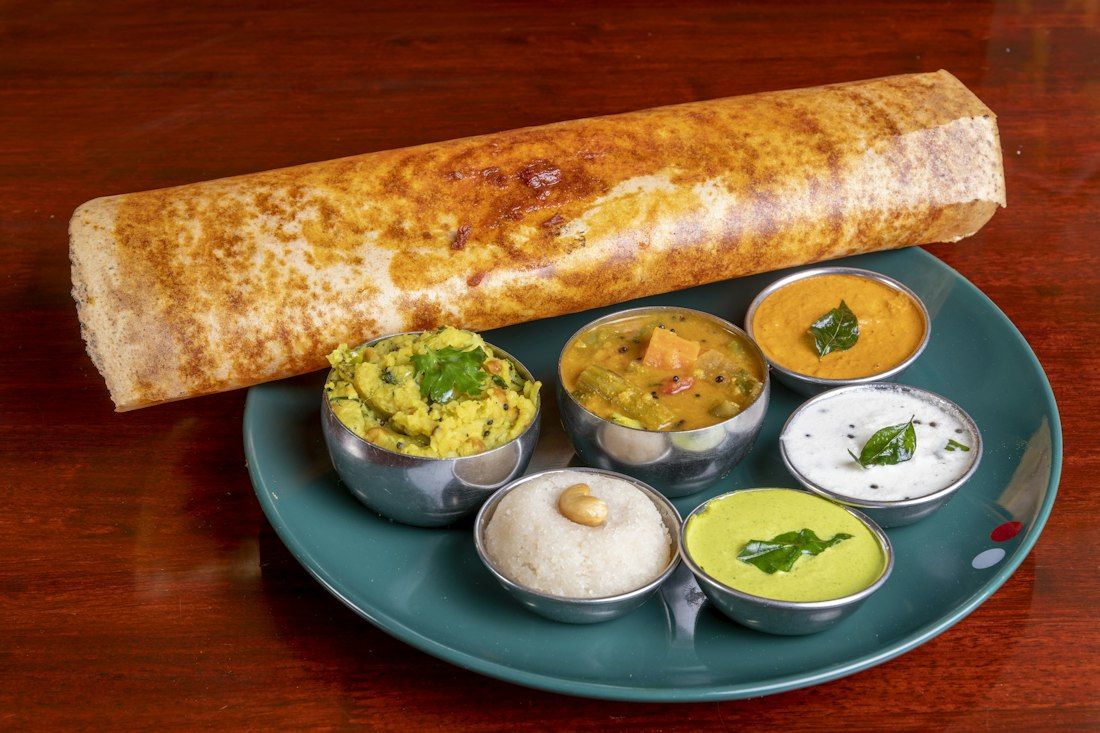 Masala dosa thali with chutneys at a neighbourhood tiffin room