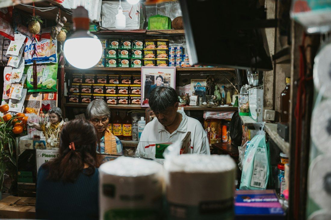 A well-stocked kirana store counter