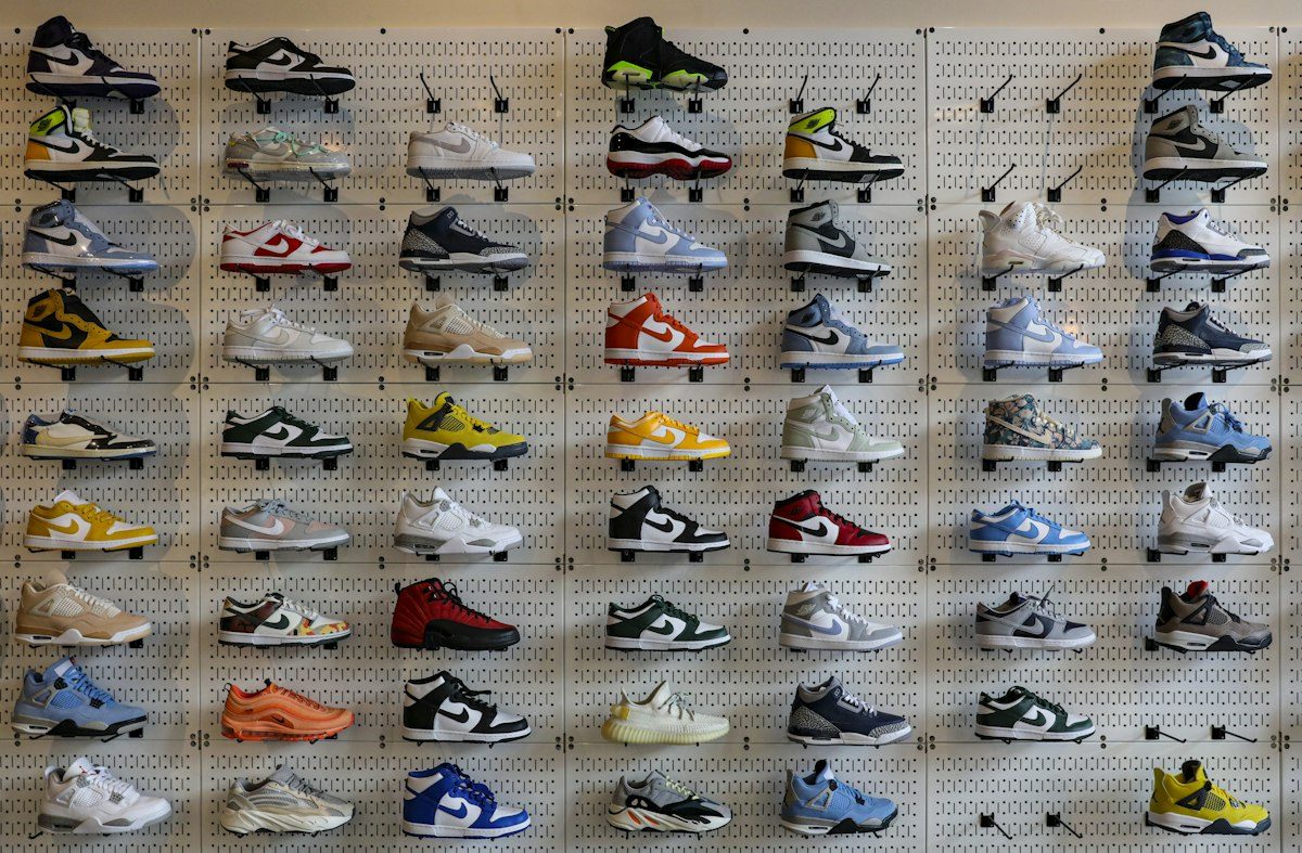 Colourful wall of sneakers in a store