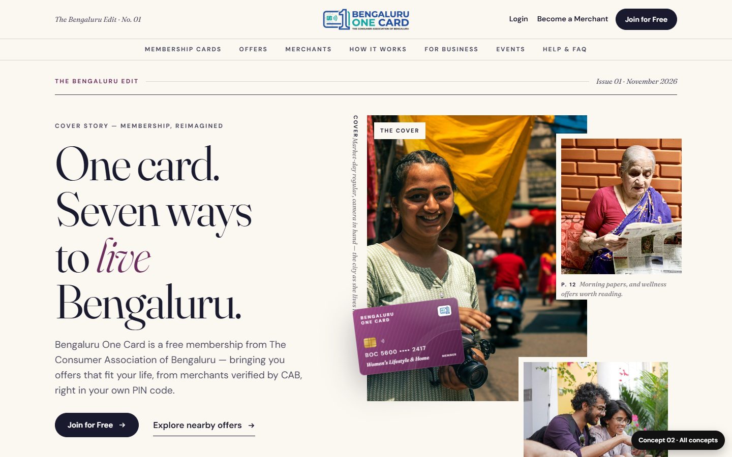 Concept 02 desktop: editorial layout with the headline One card. Seven ways to live Bengaluru. beside a photo collage and a purple card.