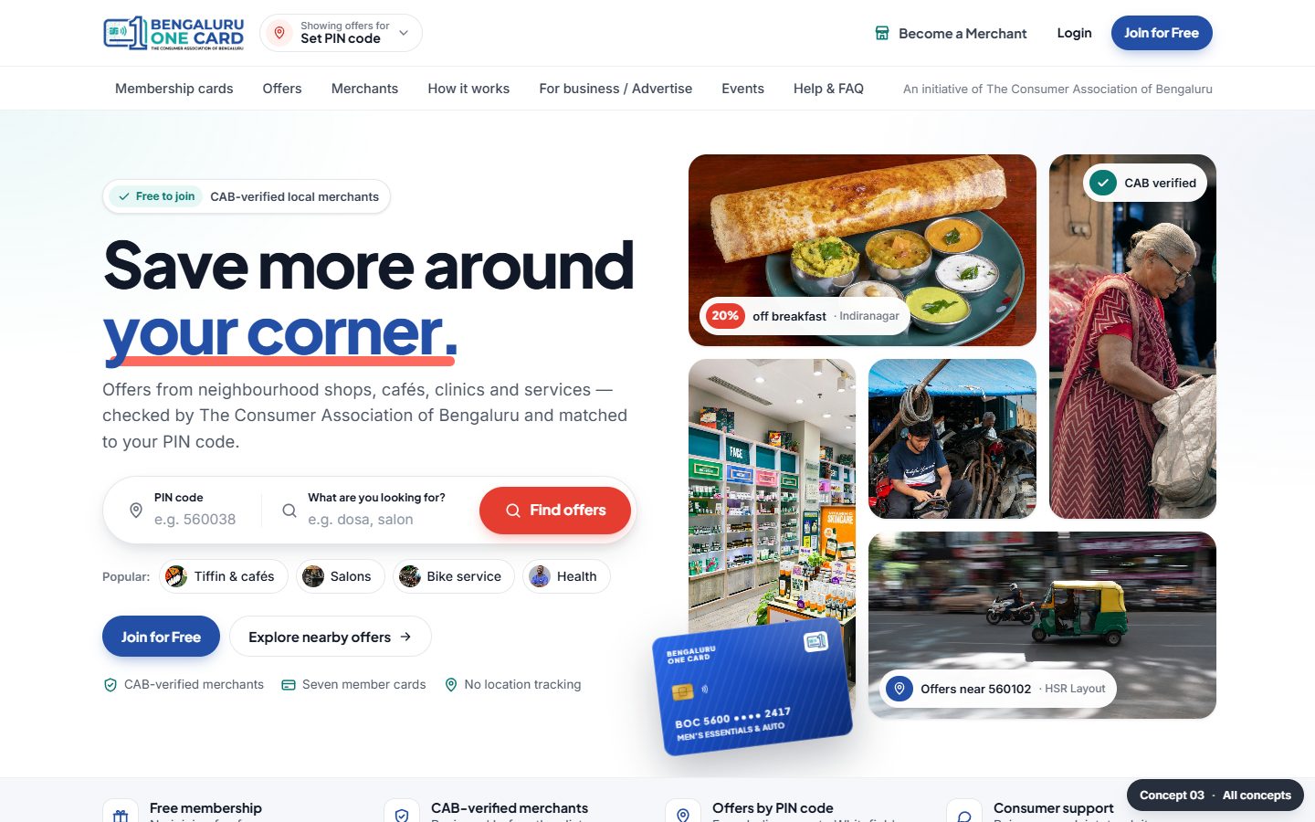 Concept 03 desktop: headline Save more around your corner with a PIN and keyword search bar beside a mosaic of food, shop and service photos.