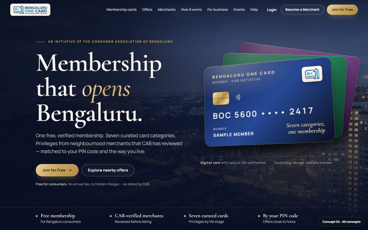 Concept 04 desktop: dark navy hero with the headline Membership that opens Bengaluru and a fan of realistic membership cards over a night city photo.