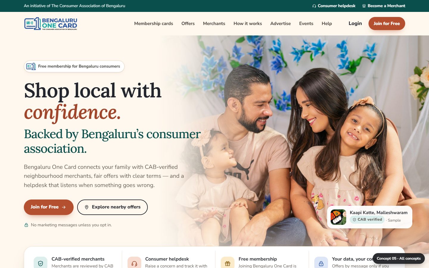 Concept 05 desktop: warm cream hero with the headline Shop local with confidence, backed by Bengaluru's consumer association, beside a family photo.