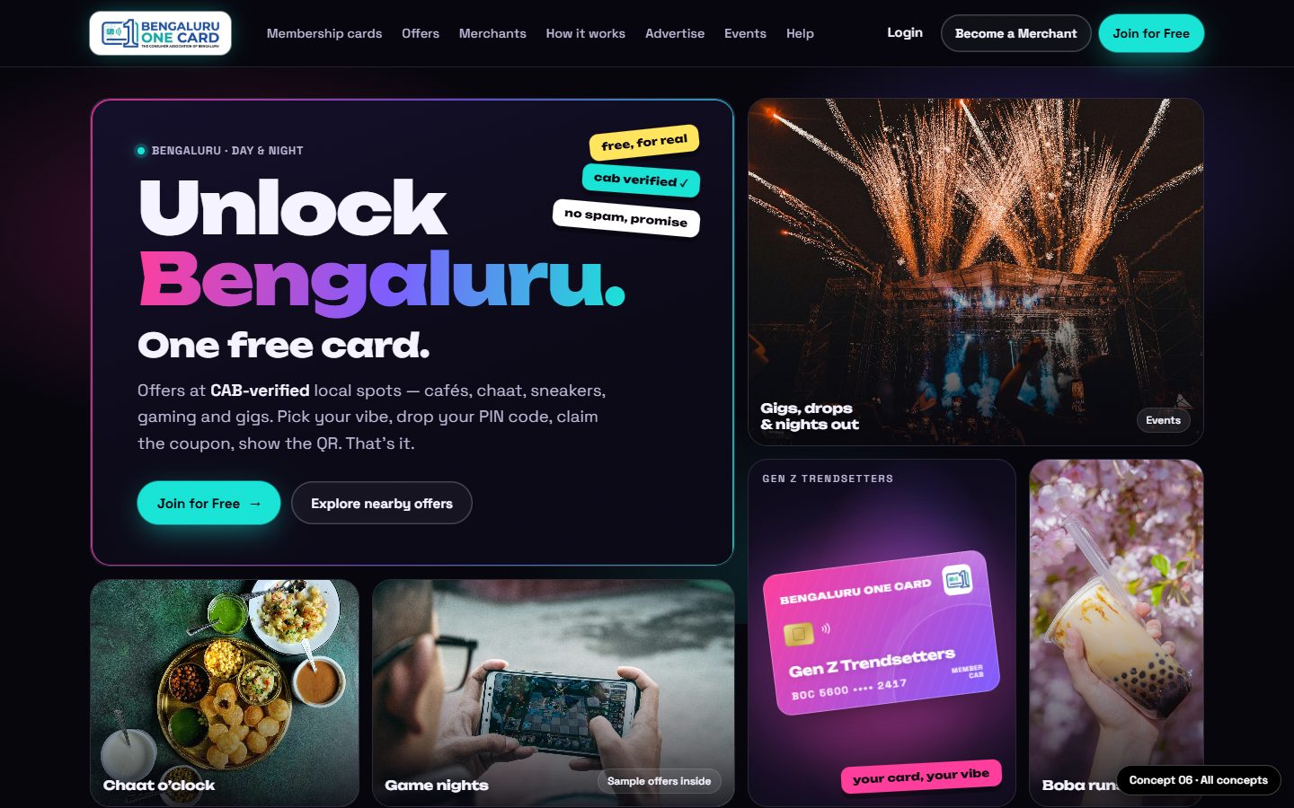 Concept 06 desktop: dark neon bento grid with the headline Unlock Bengaluru, a glowing pink Gen Z card, fireworks, chaat, gaming and bubble tea photos.