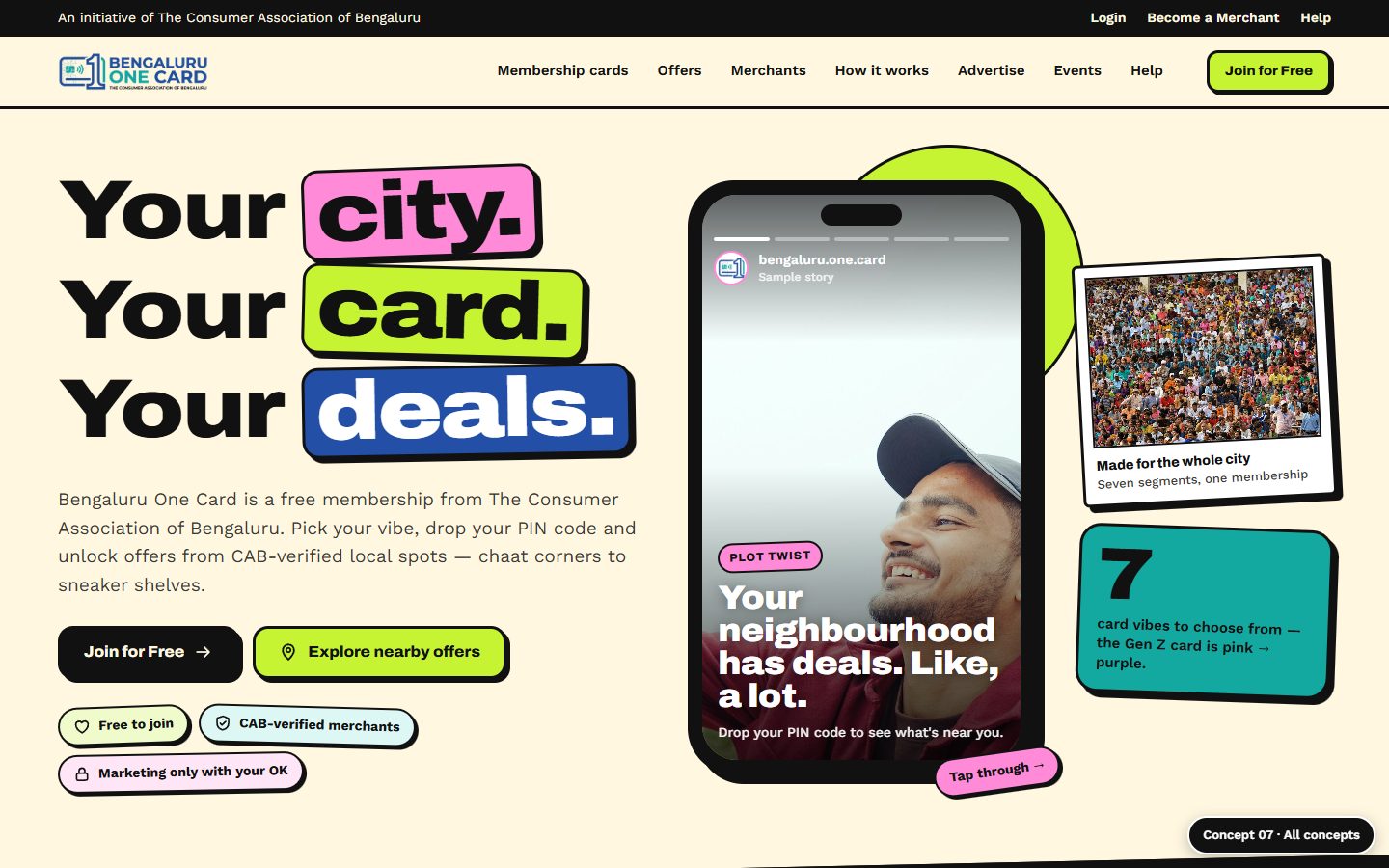 Concept 07 desktop: bright butter-yellow page with the chunky headline Your city. Your card. Your deals. beside a phone showing Instagram-style stories.