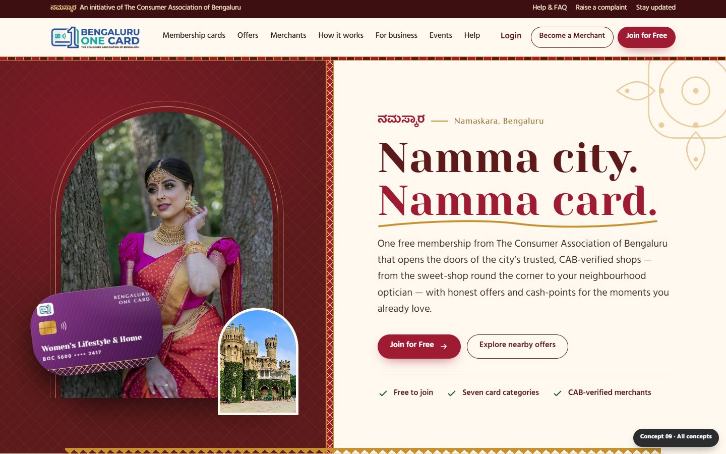 Concept 09 desktop: maroon and ivory split hero with an arch-framed photo of a woman in a silk sari, Bangalore Palace inset and the headline Namma city. Namma card.
