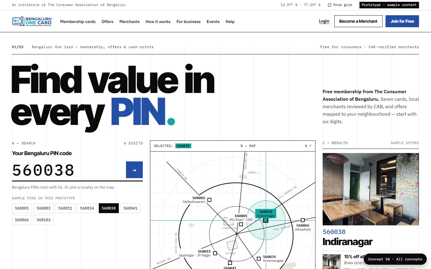 Concept 10 desktop: white Swiss-style grid with the huge headline Find value in every PIN, a large PIN input, a schematic map of Bengaluru localities and sample results.
